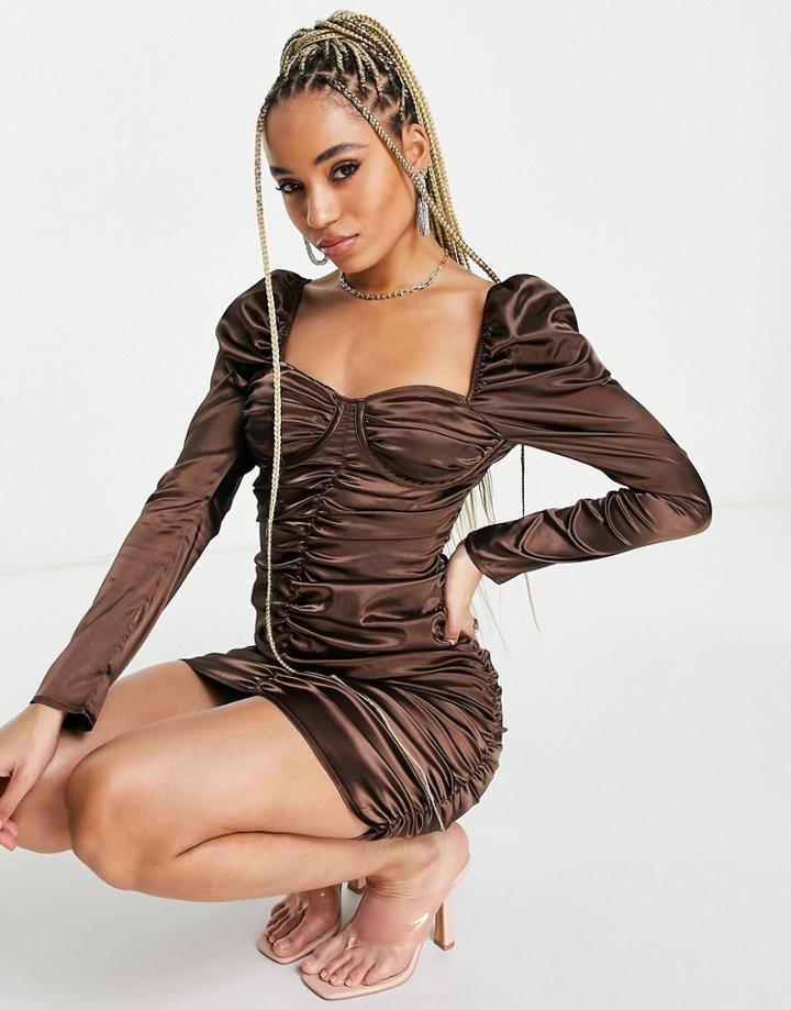 Unique21 Ruched Structured Body-conscious Dress In Brown Satin