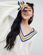 Monki Longline V-neck Sweater With Contrast Neck Line In Off White - Multi