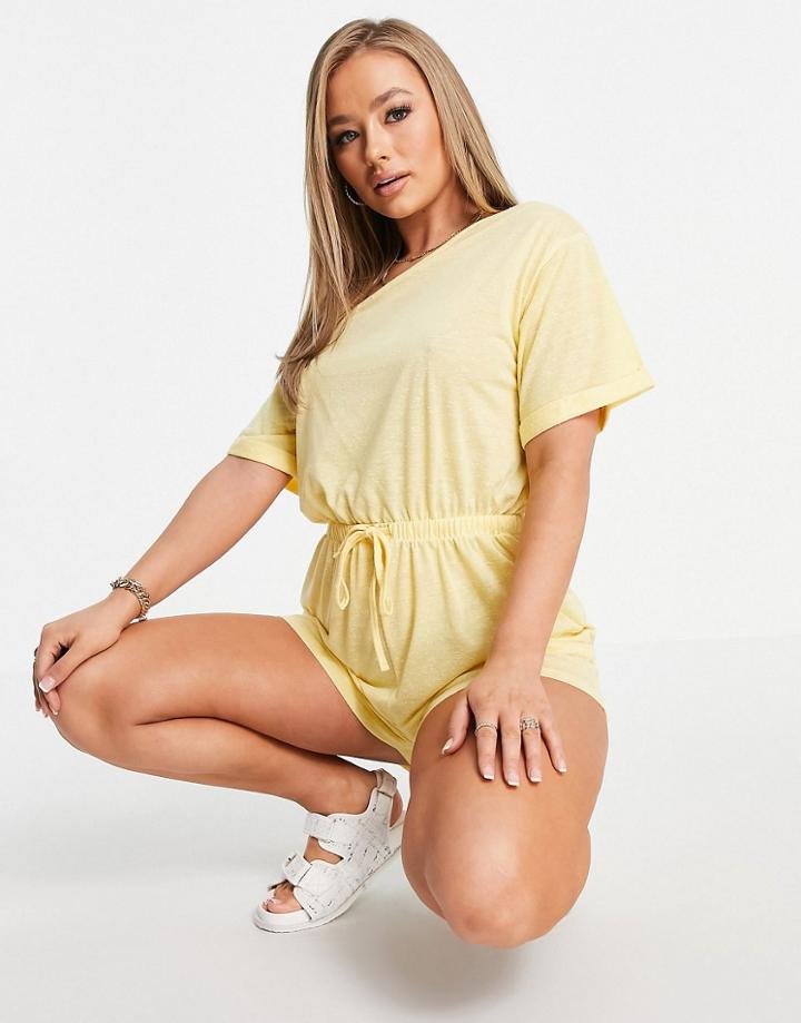 Asos Design Off Shoulder Jersey Beach Romper In Soft Yellow