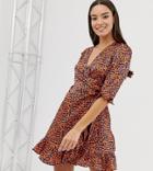 Boohoo Satin Ruffle Wrap Dress In Leopard - Multi