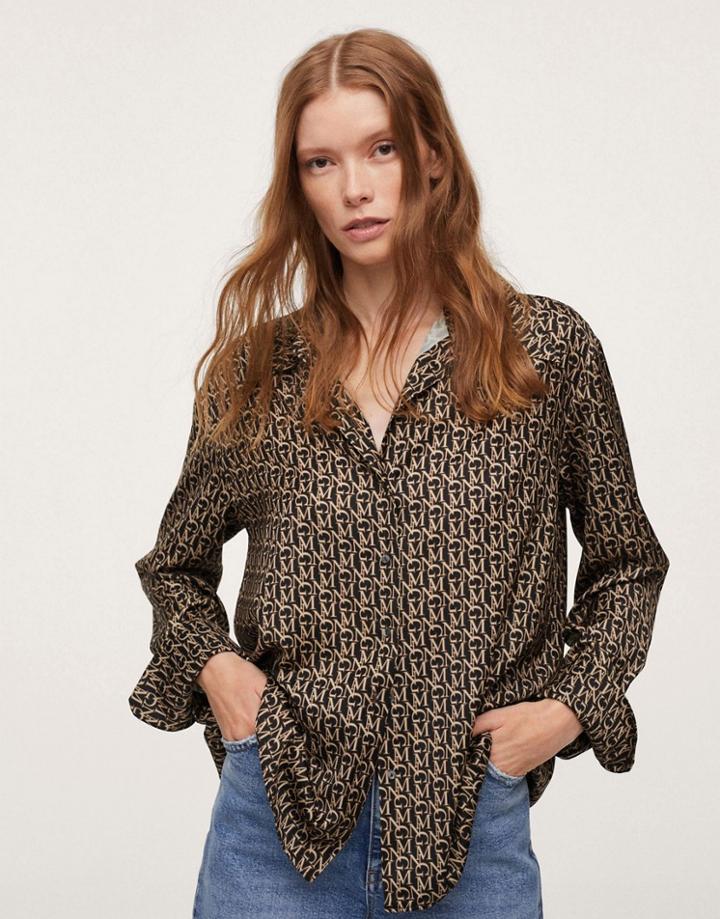 Mango Monogram Print Button Front Blouse In Brown