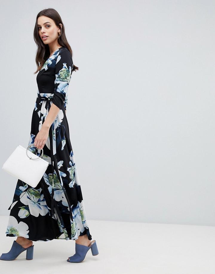 Liquorish Large Floral Print Maxi Wrap Dress - Black