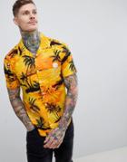 Boohooman Revere Shirt With Beach Print In Yellow - Yellow