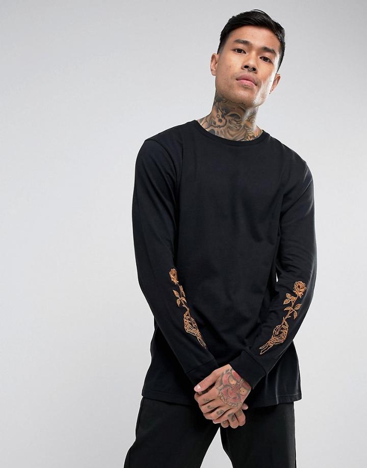 Asos Longline Long Sleeve T-shirt With Floral Sleeve Embroidery - Black