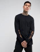 Asos Longline Long Sleeve T-shirt With Floral Sleeve Embroidery - Black
