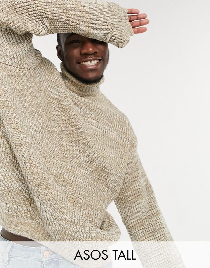 Asos Design Tall Knitted Oversized Rib Roll Neck Sweater In Oatmeal Twist-neutral