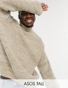 Asos Design Tall Knitted Oversized Rib Roll Neck Sweater In Oatmeal Twist-neutral
