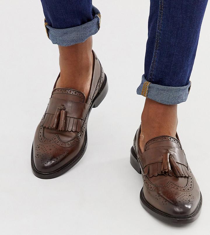 Asos Design Wide Fit Loafers In Brown Leather With Natural Sole And Fringe Detail