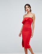 True Violet Structured Bandeau Dress With Frill Detail And Side Split - Red