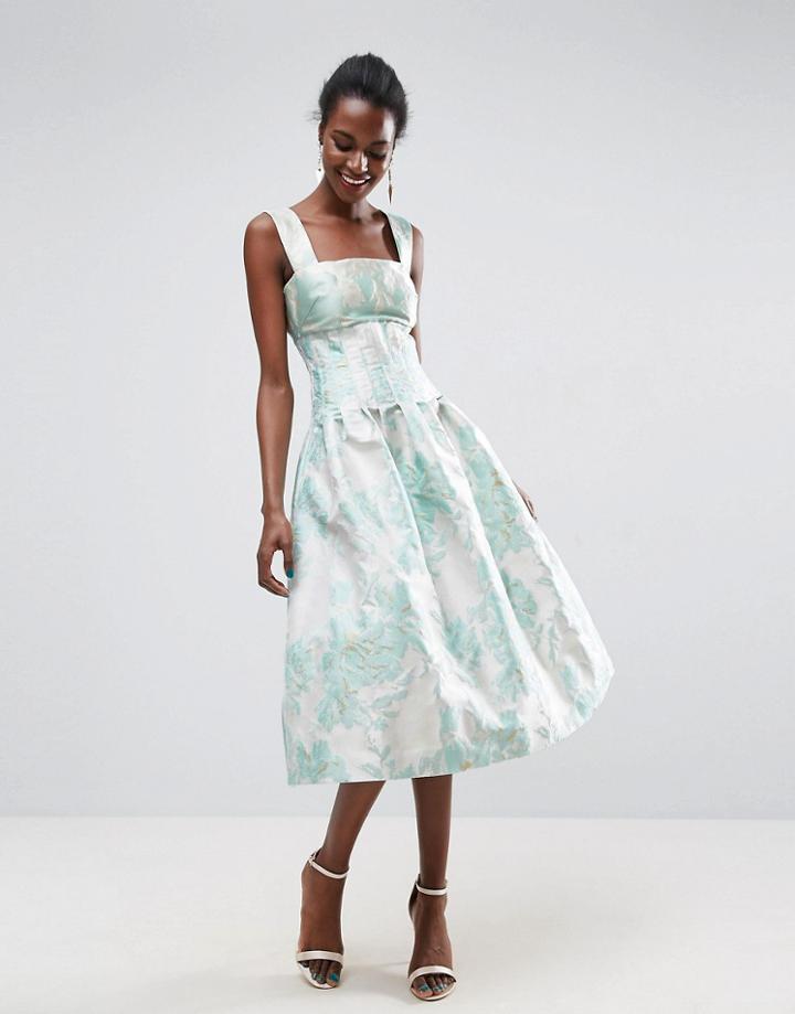 Asos Bodice Seamed Bardot Prom Midi Dress-multi