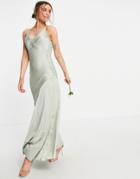 Asos Design Bridesmaid Cami Satin Maxi Dress With Button Side Detail-green