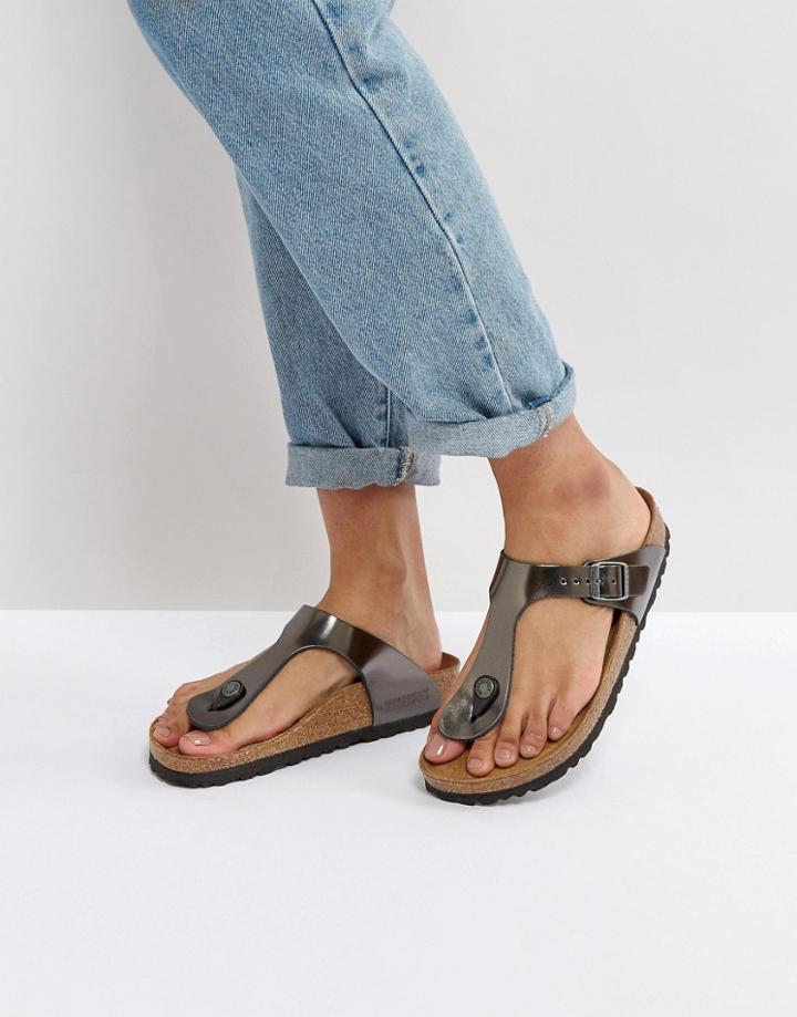 Birkenstock Gizeh Metallic Anthracite Leather Flat Sandals - Silver