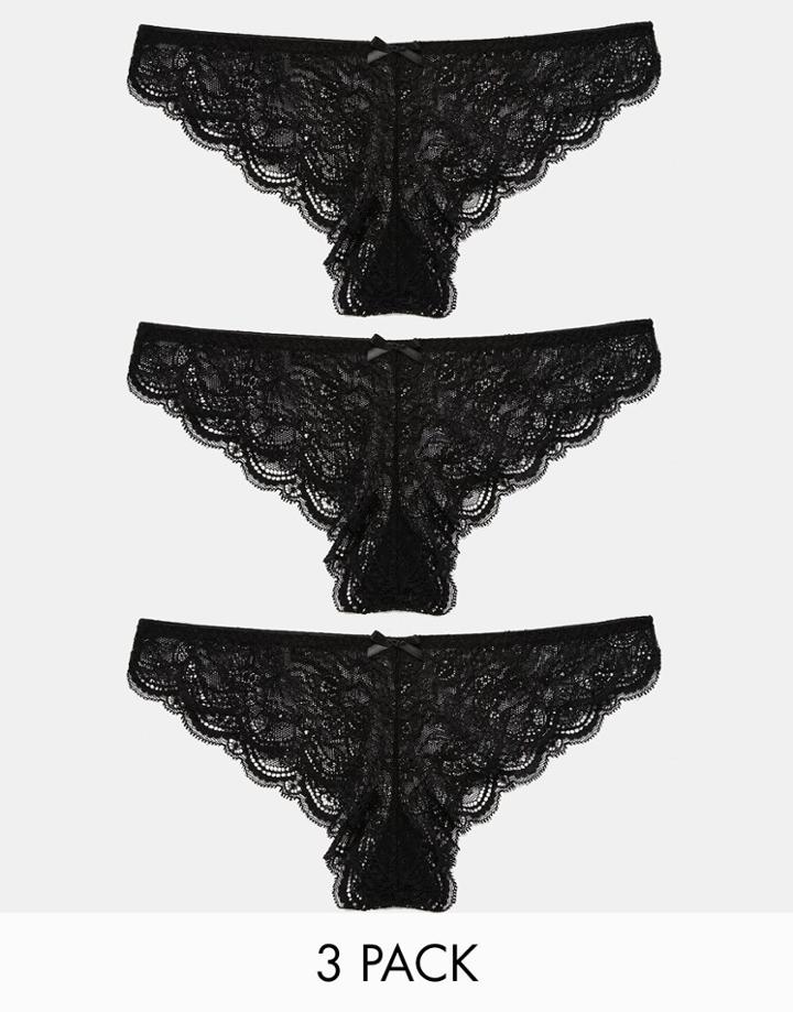Asos 3 Pack Pretty Lace Brazilian Pants - Black