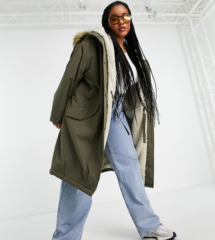 Asos Design Curve Oversized Borg Lined Parka Coat In Dark Khaki-green