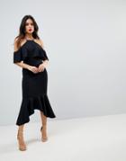 Asos Ruffle Cold Shoulder Asymmetric Pephem Midi Dress - Black