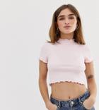Asos Design Petite Slim Crop T-shirt With High Neck With Lettuce Hem In Pink - Purple