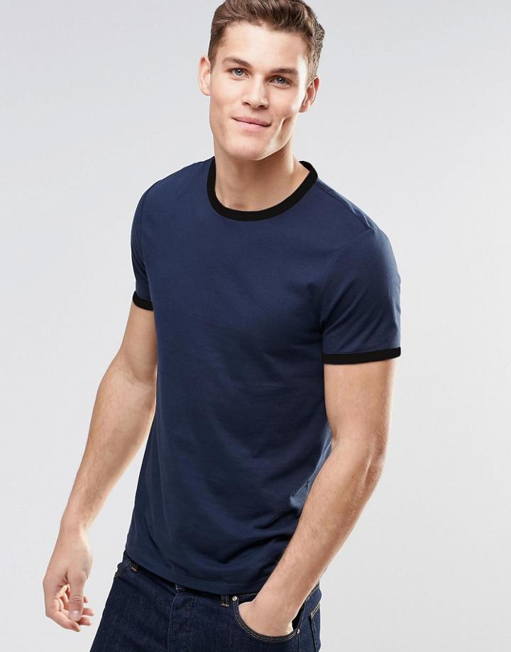 Asos T-shirt With Contrast Neck And Cuff In Navy