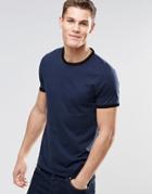 Asos T-shirt With Contrast Neck And Cuff In Navy