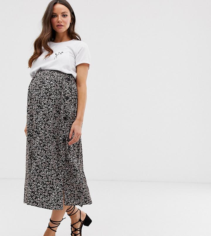 Asos Design Maternity Button Side Midi Skirt In Mono Floral-multi