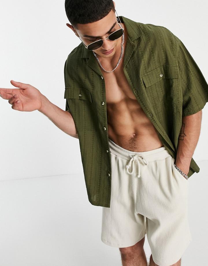 Asos Design Boxy Oversized Textured Utility Shirt In Khaki-green