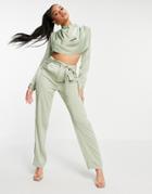 Aria Cove Satin Belted Pants Set In Sage-green