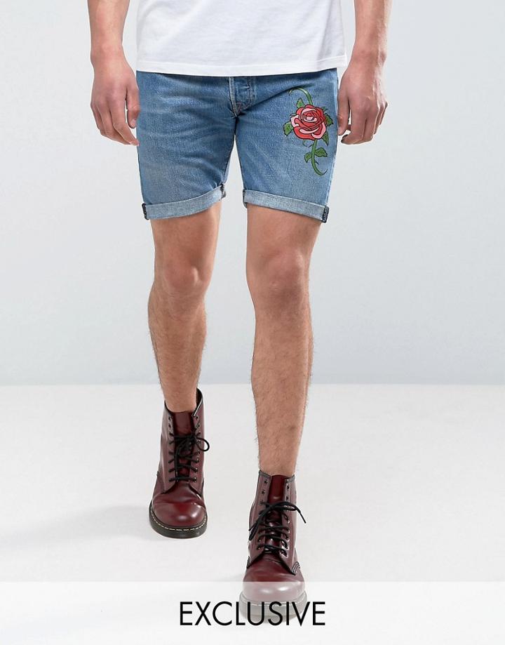 Reclaimed Vintage Revived Levis Shorts With Rose Print - Blue
