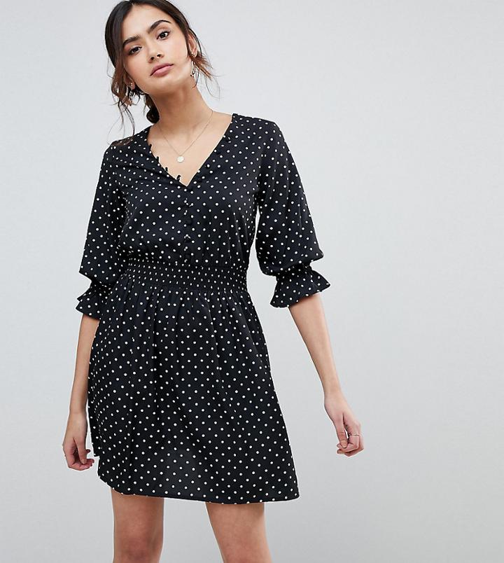 Influence Tall V Neck Polka Dot Tea Dress With Gathered Sleeve - Black