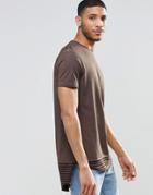 Asos Super Longline T-shirt With Striped Hanky Hem In Oil Wash - Brown