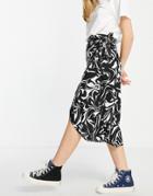 Monki Tie Side Beach Skirt In Black Wave Print