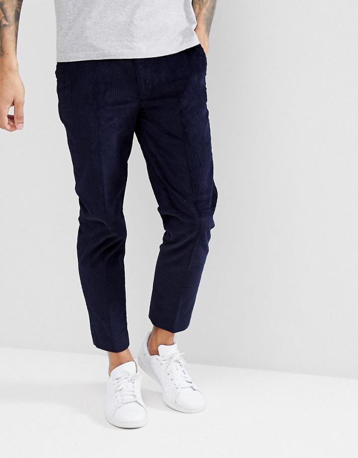 Asos Skinny Crop Smart Pants In Navy Velvet Cord - Navy