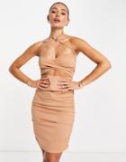 Unique21 Slinky Ruched Cross Front Mini Dress In Camel-neutral