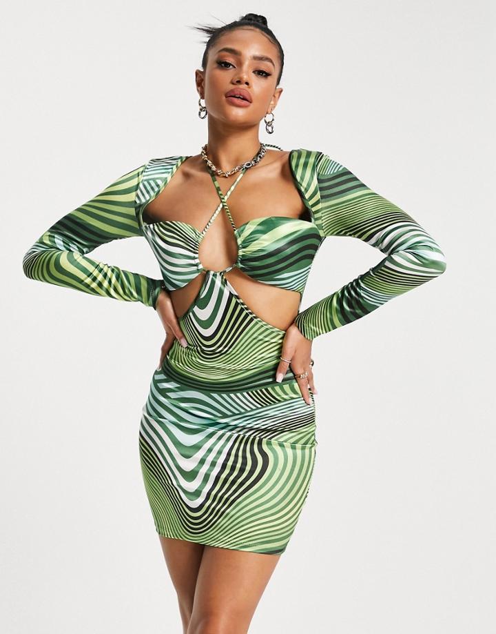 Ei8th Hour Halterneck Cut Out Bust Detail Long Sleeve Mini Dress In Green Stripe-multi