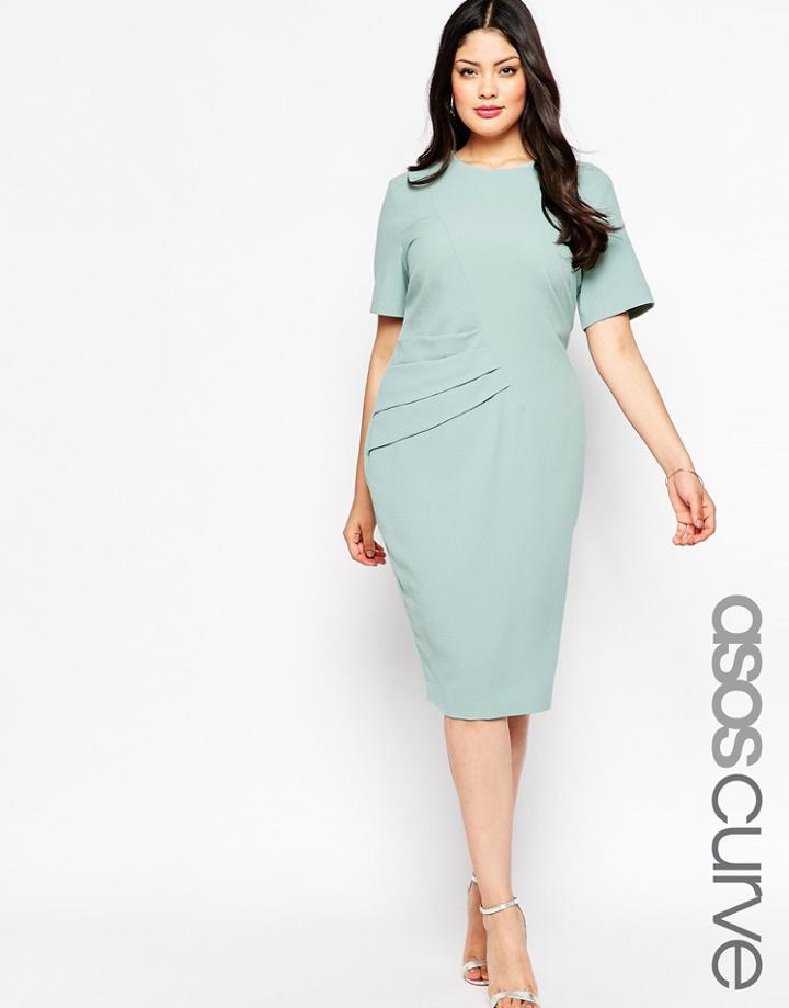 Asos Curve Premium Pencil Dress With Pleat Side - Duck Egg