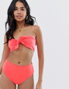 Prettylittlething Tie Front Bandeau Bikini Top In Neon Orange - Orange