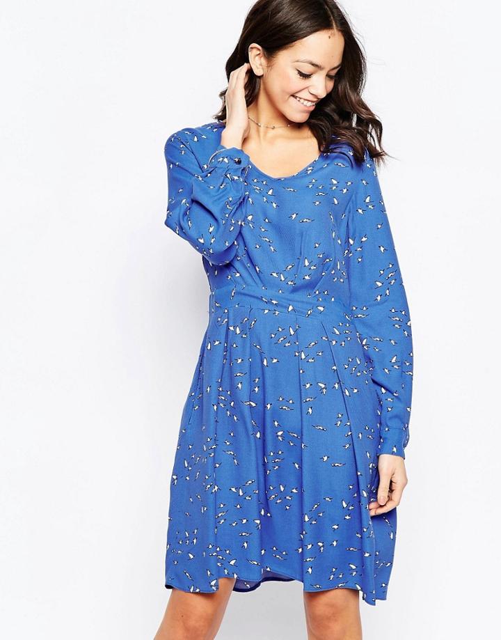 Closet Long Sleeve Skater Dress In Bird Print - Blue