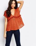 First And I Plunge Neck Fringe Detail Top - Rust