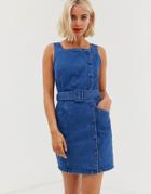 Asos Design Denim Side Button Belted Mini Dress-blue