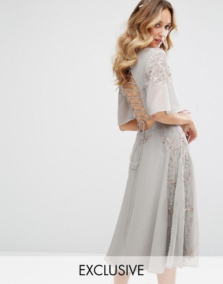 Maya Embellished Midi Dress With Fluted Sleeve With Lace Up Back - Gra