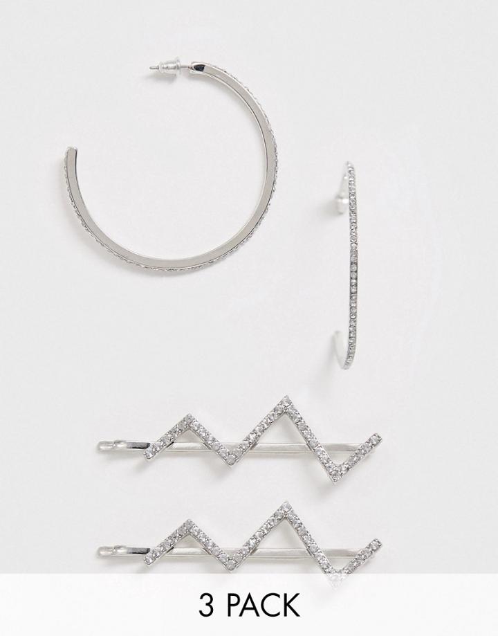Asos Design Crystal Hoop Earrings And Zig Zag Hair Clips In Silver Tone