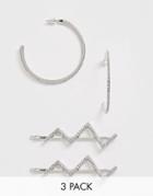 Asos Design Crystal Hoop Earrings And Zig Zag Hair Clips In Silver Tone