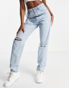 Missguided Riot High Rise Mom Jeans With Cut Hem In Light Wash Blue-blues