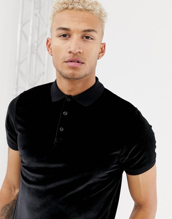 Asos Design Polo Shirt In Velour In Black - Black
