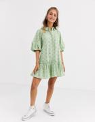 Asos Design Mini Shirt Dress With Puff Sleeves In Broderie - Green