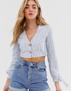 Boohoo Button Through Blouse In Blue Stripe - Multi