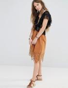 Moon River Crochet Hem Detail Full Skirt - Brown