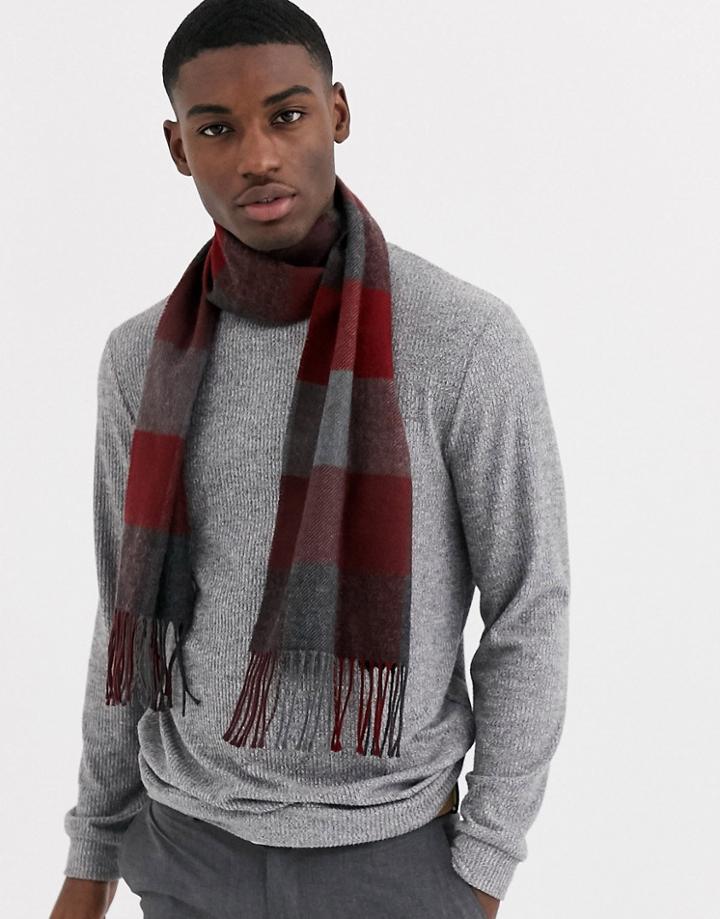 Moss London Scarf In Burgundy Gray Block Check-red