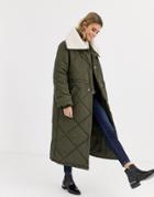 Asos Design Quilted Maxi Puffer Coat With Fleece Collar In Khaki-green