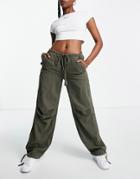 Asos Design Low Rise Combat Pant In Washed Khaki Linen-green