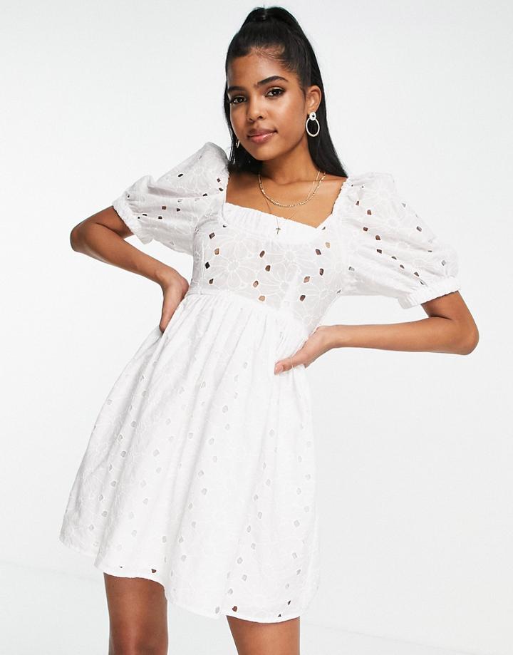 Asos Design Eyelet Mini Smock Dress With Shirred Back In White