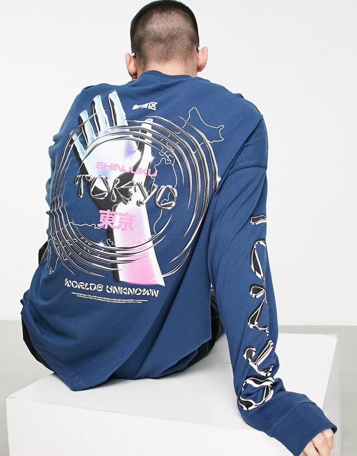 Asos Design Oversized Long Sleeve T-shirt In Navy With Tokyo Back & Sleeve Prints